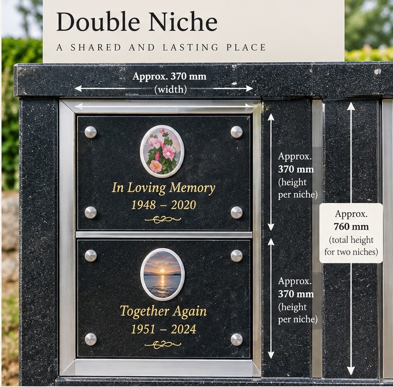 A double niche granite memorial, two stacked panels each approximately 370mm high (760mm total), personalised with photographs, names and dates