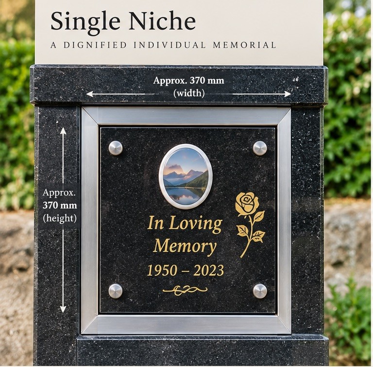 A single niche granite memorial panel, approximately 370mm wide by 370mm high, personalised with a photograph, name and dates